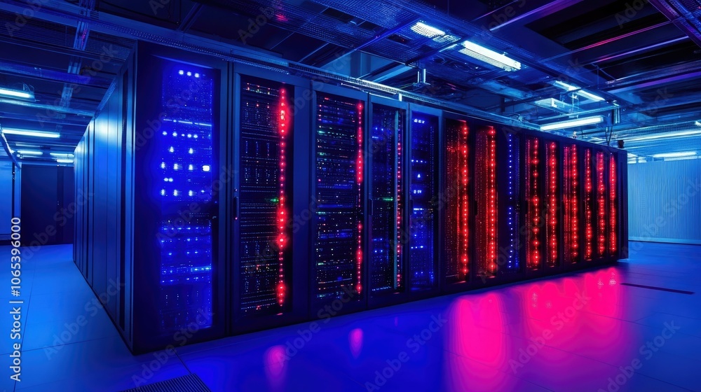 Poster futuristic server room with glowing blue and red lights, cybersecurity concept and network protectio
