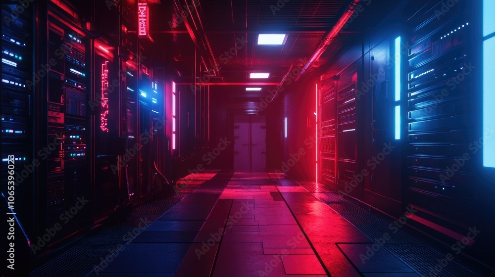 Poster futuristic server room with glowing blue and red lights, cybersecurity concept and network protectio
