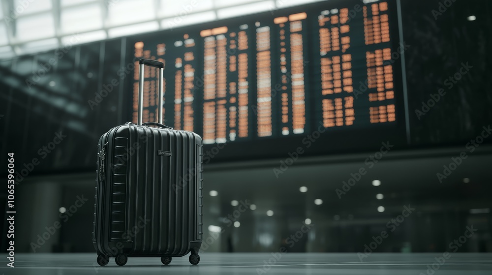 Poster single piece of luggage sits in an airport terminal, waiting for its owner as the flight information