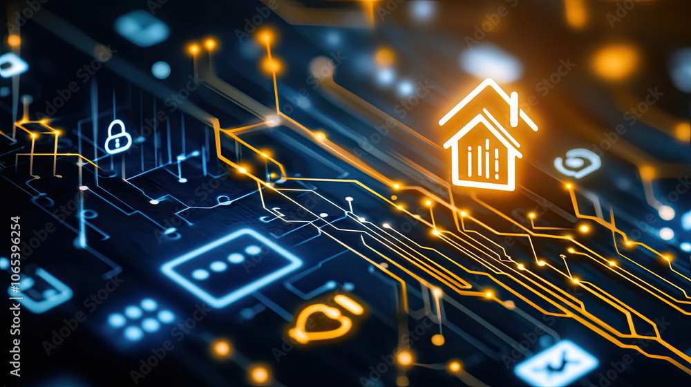 Poster modern technology icon with glowing outline representing smart home concepts, showcasing digital con