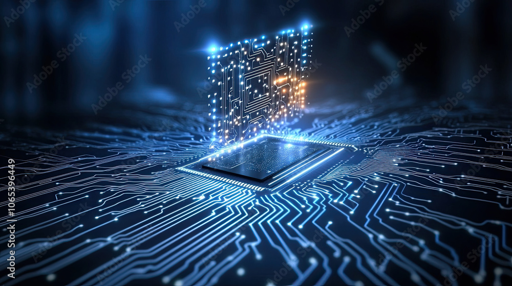 Poster modern technology icon featuring pixelated design with circuit board and microchip, symbolizing inno