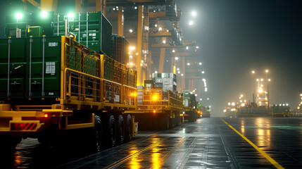 Fototapeta premium Nighttime in futuristic work yard with flatbed trucks and containers, showcasing busy industrial scene. atmosphere is vibrant and dynamic