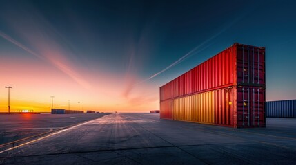 Obraz premium Solitary logistic container at deserted cargo terminal during twilight