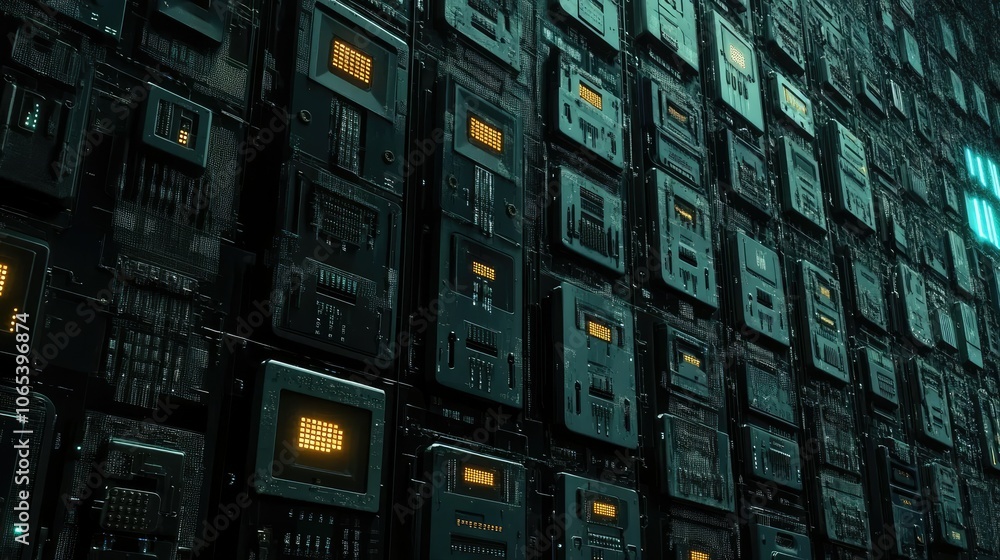 Poster Grid of digital locks with binary code, technology security concept with modern tech design