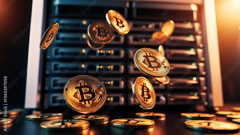 Poster a dynamic view of falling bitcoin coins, highlighting the cryptocurrency's digital nature against a 