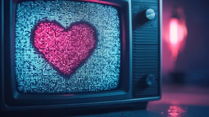 A retro television screen displays a vibrant pixelated heart, blending nostalgia with a modern love theme, heart symbol.