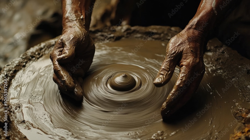 Poster Hands of an artisan shaping wet clay, detailed shot with spinning wheel and clay textures in view