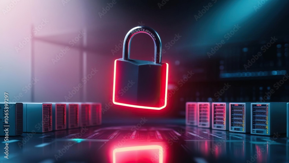 Poster a digital padlock hovers over server components, symbolizing cybersecurity and data protection in a 
