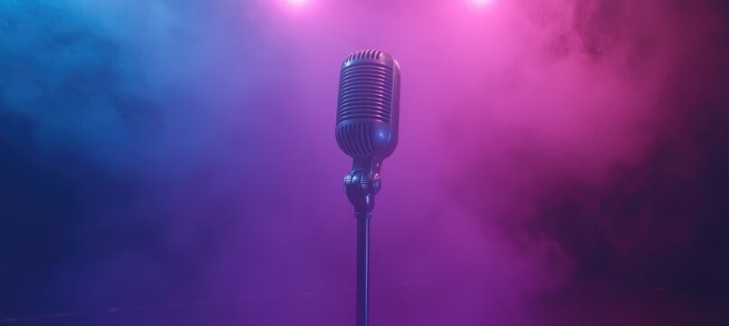 A vintage microphone stands tall against the backdrop of purple and blue lighting, ready to evoke an atmosphere that captures attention on stage