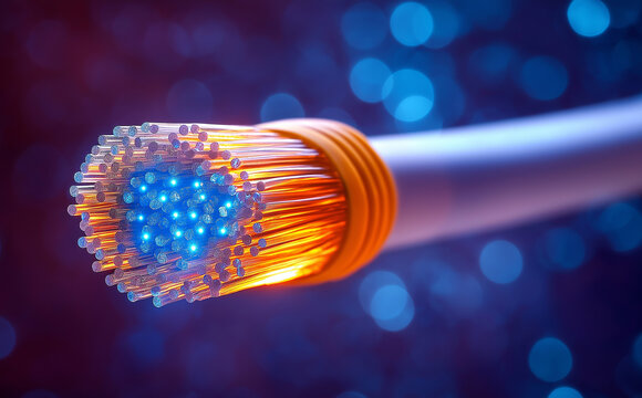 Close-Up Of A Fiber Optic Cable With Illuminated Blue Light Fibers And Circular Glass Structures Reflecting Sparkling Bokeh In The Background - Powered by Adobe