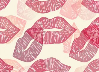 Seamless pattern of red lips outlined in delicate lines on pastel background