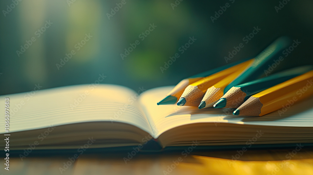 Poster pastel colored pencils resting on open notebook, creating serene atmosphere. perfect for creative in