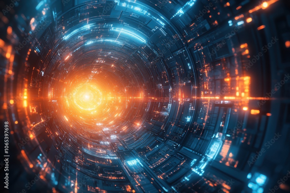 Aufkleber exploring a vibrant digital tunnel filled with glowing lights and futuristic patterns