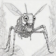  A robot with mechanical insect features, including a pair of wings and a pair of antennae.
