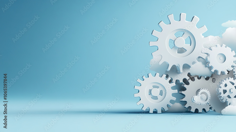 Poster white gears on blue background symbolize sophisticated technology and innovation. arrangement convey