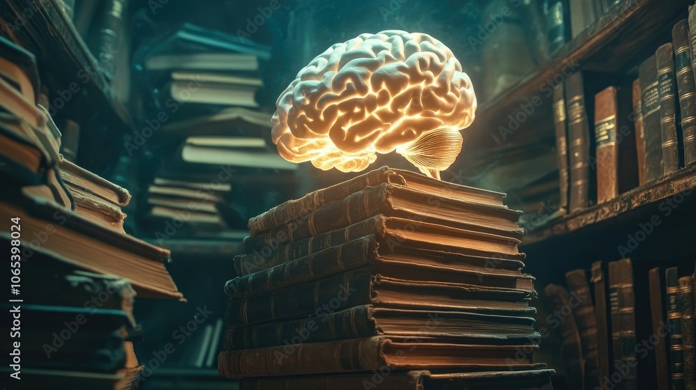 Poster Illuminated brain above a towering stack of books with intricate lighting, emphasizing learning and intellect