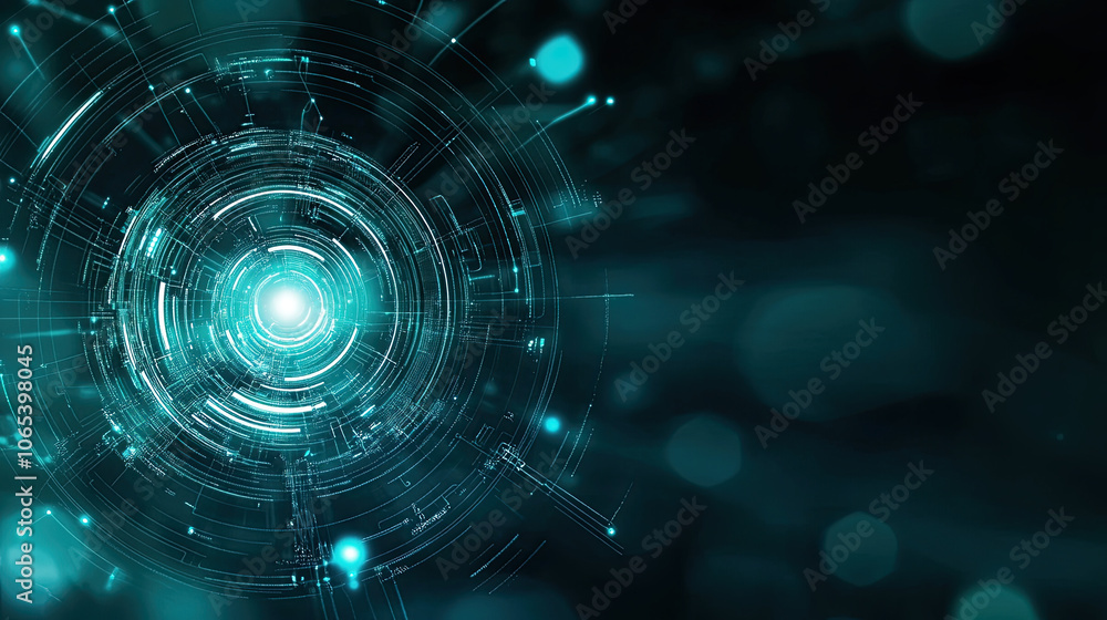 Poster glowing technology icon with circular design and digital elements, radiating vibrant aura. this abst