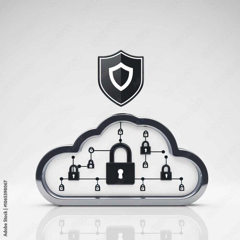 Poster the image represents cloud security, featuring a cloud with padlocks and a shield, symbolizing data 
