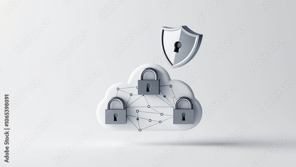 Poster a digital illustration of cloud security featuring a cloud with locks and a shield, symbolizing data