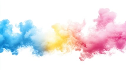 Fototapeta premium Light and airy pastel smoke clouds in pink, yellow, and blue, spreading softly against a white background.