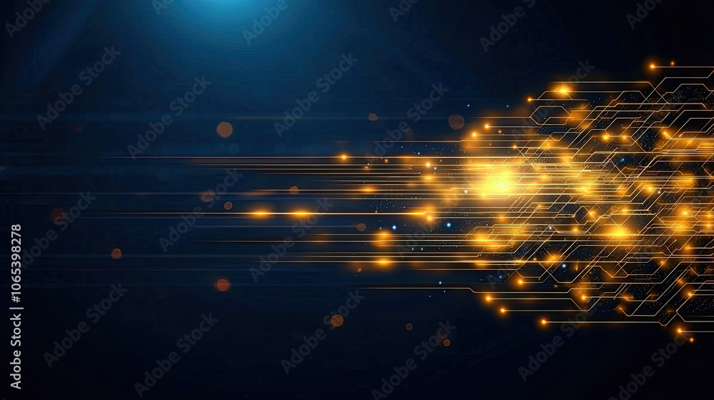 Poster stylized technology background with glowing circuit patterns and light trails, conveying sense of sp