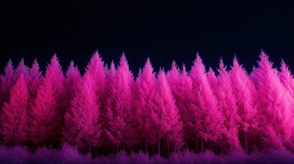 Row of tall, vibrant pink trees against a dark background