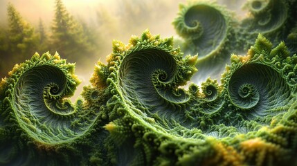 Organic Fractals: Sand and forest green spirals mimicking the growth pattern of plants.