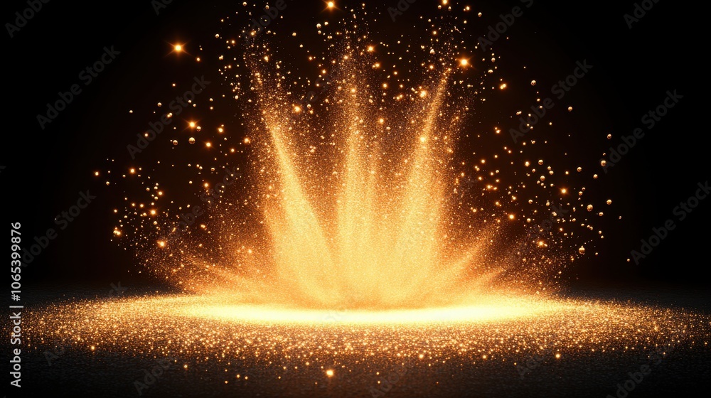 Poster a vibrant explosion of golden particles against a dark background, creating a mesmerizing visual eff