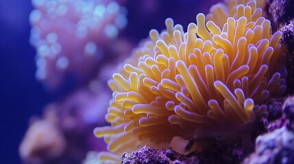 Obraz premium Close-up of a vibrant orange sea anemone with a blue background.