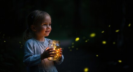 Enchanted evening with child fireflies in jar