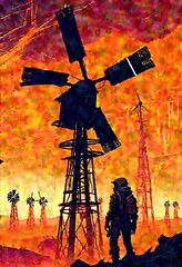  The image depicts a desolate landscape, where a lone figure stands, silhouetted against a vibrant sunset. The sky is ablaze with hues of orange, red, and yellow, while the ground is bathed in a warm 