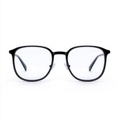 Stylish black eyeglasses with clear lenses on a white isolated background.