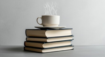 Naklejka premium Steaming coffee cup on stack of hardcover books