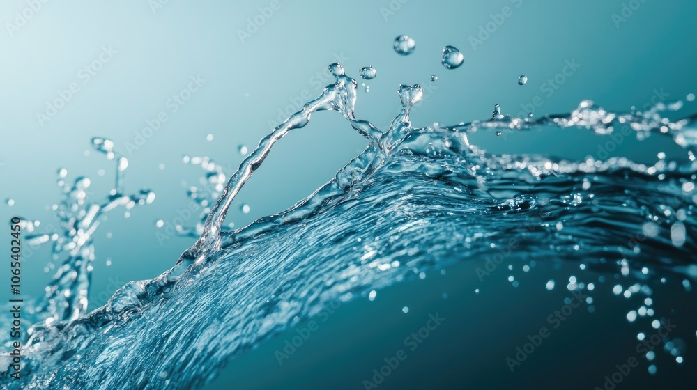 Poster side view of water stream from bottle to glass, splashing and rippling on a smooth blue background