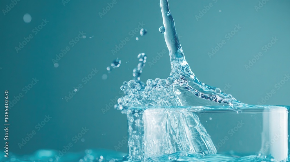 Poster side view of water stream from bottle to glass, splashing and rippling on a smooth blue background