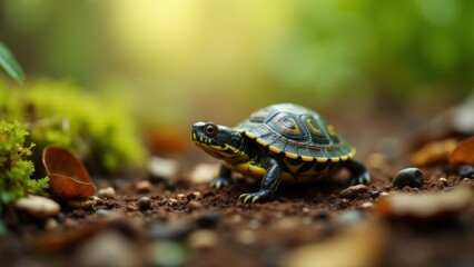Obraz premium Baby box turtle resting on a forest floor, its tiny shell detailed with beautiful patterns in natural light
