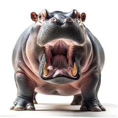 Realistic close-up of a hippo with mouth wide open, displaying large tusks and powerful jaws. The dramatic lighting enhances the texture of its skin, emphasizing strength and presence