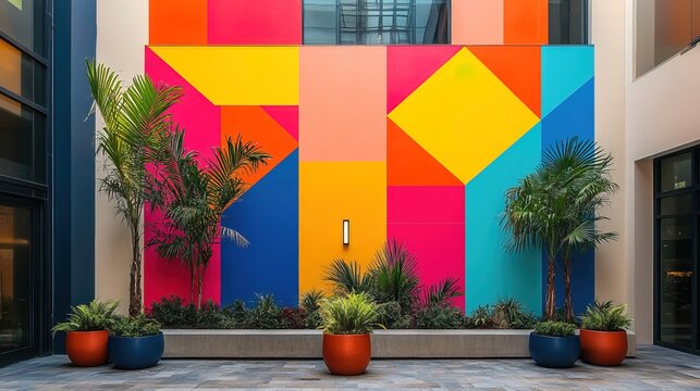 Vibrant modern courtyard with geometric mural and potted plants