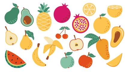 Set of different fruits and berries. tropical organic eco nutrition collection. Watermelon, pineapple, pomegranate, pear, apple, banana, orange, mango, avocado, cherry. Simple Flat Vector illustration