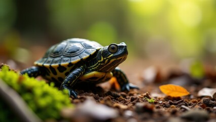 Obraz premium Small baby box turtle exploring the forest floor, surrounded by natural elements like moss and leaves