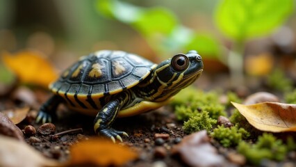 Naklejka premium Curious baby box turtle crawling over a leaf-strewn ground, with sunlight filtering through the trees