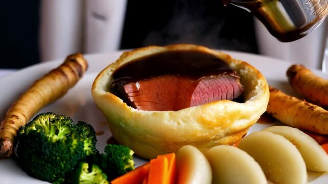 British Roast Dinner Meal with Gravy Beng Poured in Yorkshire Pudding in Slow Motion with Vegetables including Parsnips, Roast Potatoes, Broccoli, Carrots 4K