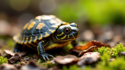 Obraz premium Tiny baby box turtle on soft moss, its textured shell highlighted by gentle lighting
