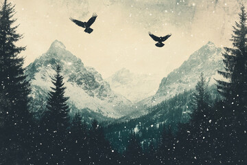 Fototapeta premium Illustration of serene winter landscape with snow-covered fir trees