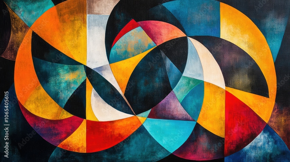 Poster Vibrant geometric shapes in an abstract pattern, with bold colors and dynamic composition, creating visual interest