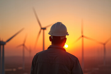 engineer in safety gear standing in front of a wind turbine at sunset. This scene evokes themes of clean energy, environmental commitment, and innovation in green technology