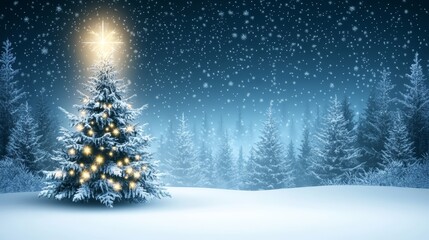Glowing christmas tree in the snow, a festive scene of holiday magic and winter wonderland