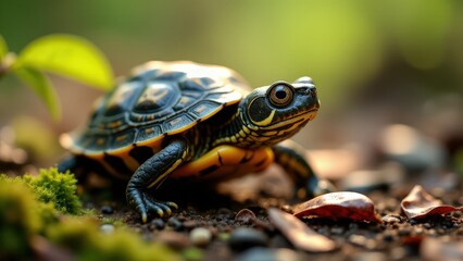 Fototapeta premium Curious baby box turtle exploring, surrounded by soft moss and leaf litter in a tranquil forest setting