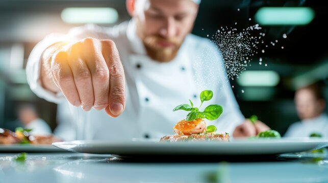 A senior chef teaching a group of culinary students the art of plating, sharing their culinary expertise and passion for food.
