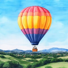 Fototapeta premium Hot Air Balloon Soars Over Scenic Landscape in Vibrant Colors